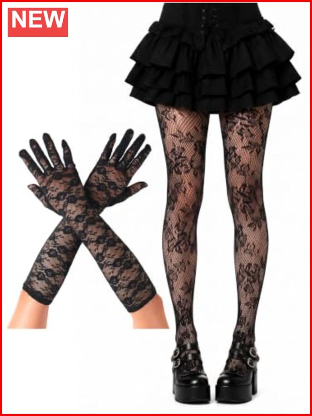 Floral Lace Tights & Fishnet Gloves 2-Piece Set High Waist Stretch Victorian